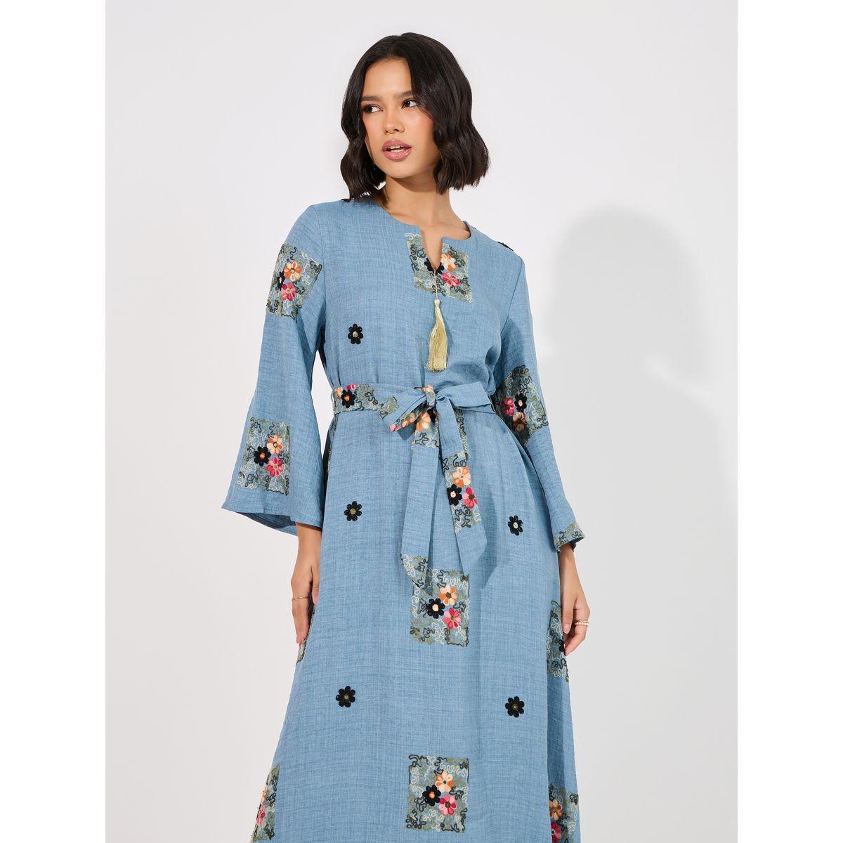 Styli Linen Look Embroidered Tassel Detail Maxi Jalabiya-women-arabicclothing-jalabiyas-image-2