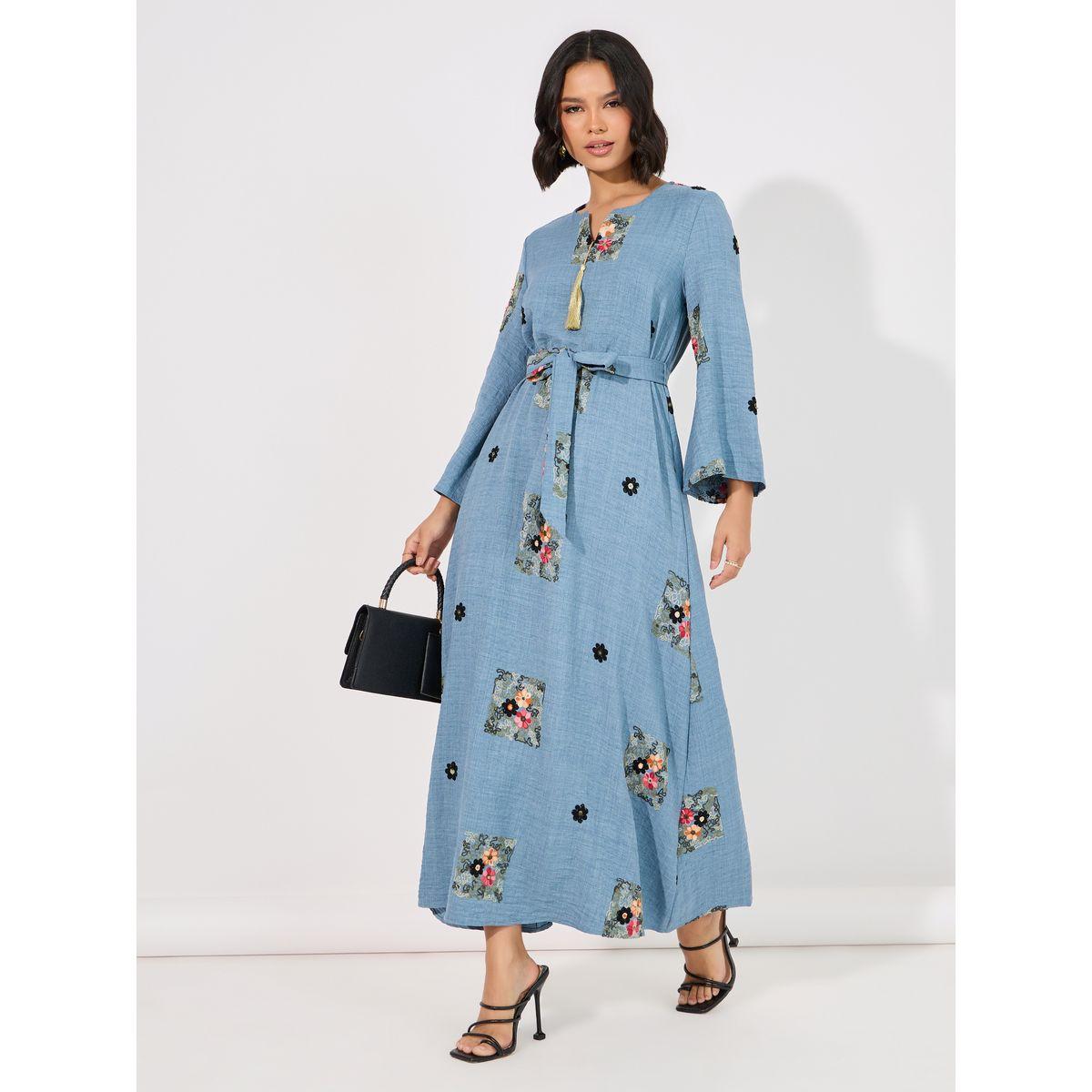 Styli Linen Look Embroidered Tassel Detail Maxi Jalabiya-women-arabicclothing-jalabiyas-image-4