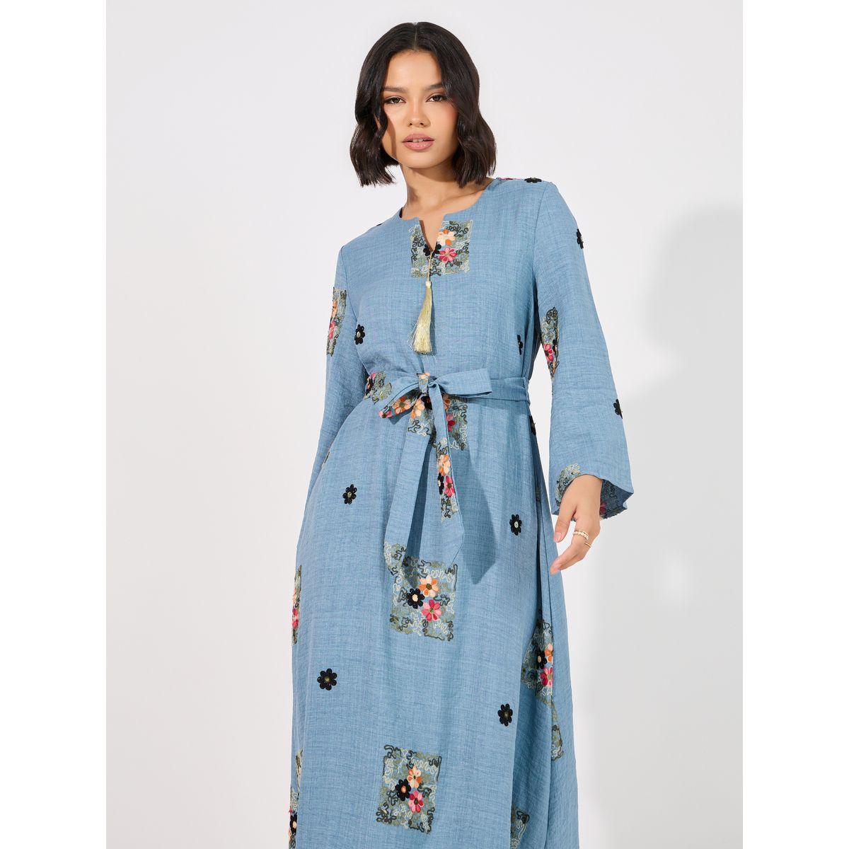 Styli Linen Look Embroidered Tassel Detail Maxi Jalabiya-women-arabicclothing-jalabiyas-image-5
