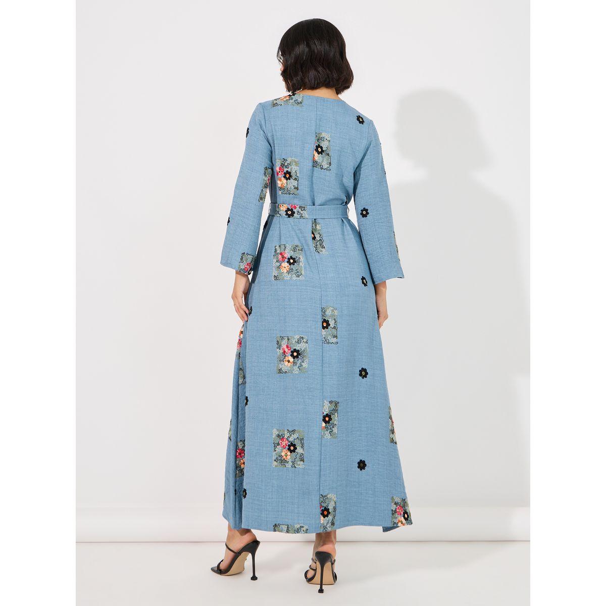 Styli Linen Look Embroidered Tassel Detail Maxi Jalabiya-women-arabicclothing-jalabiyas-image-6