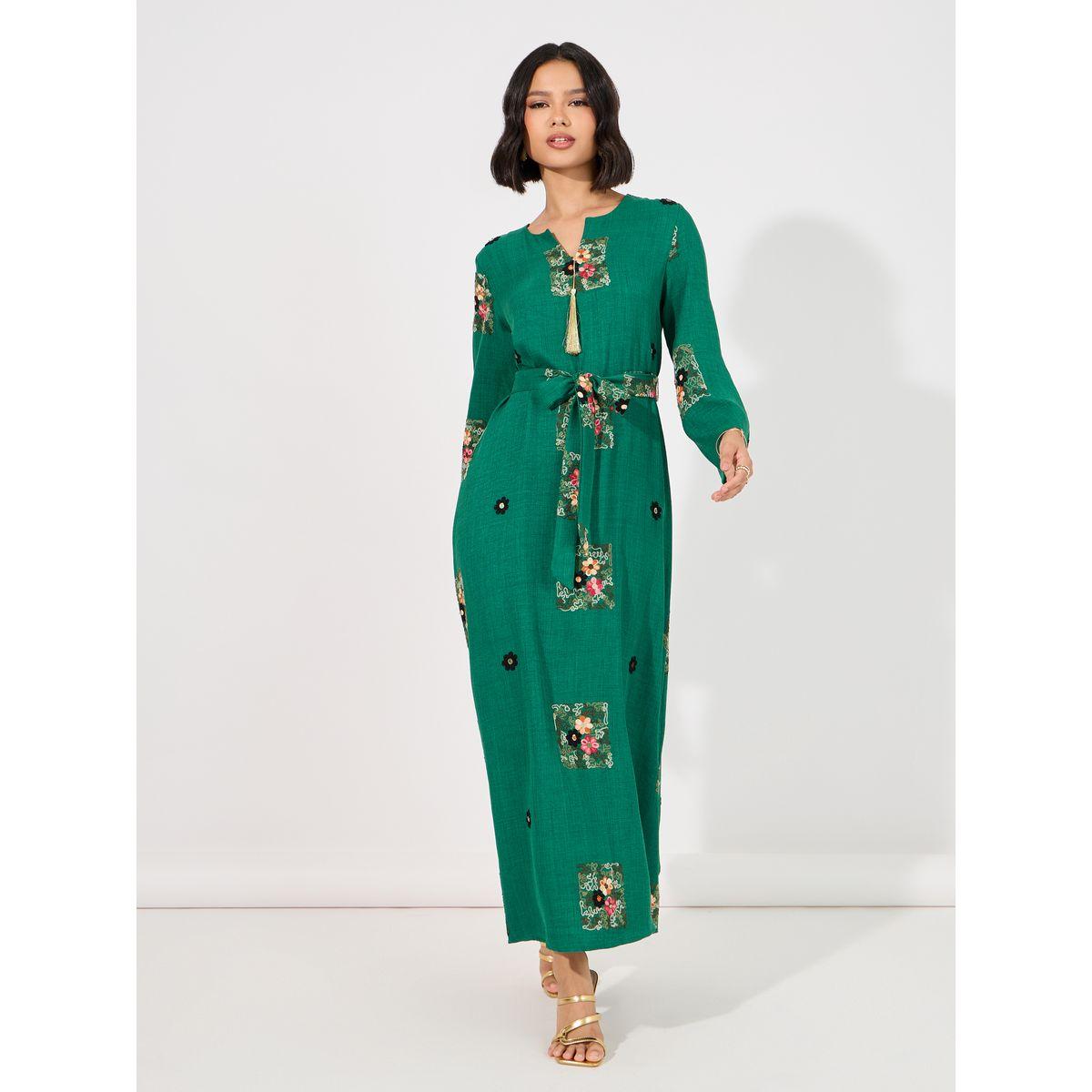 Styli Linen Look Embroidered Tassel Detail Maxi Jalabiya-women-arabicclothing-jalabiyas-image-4