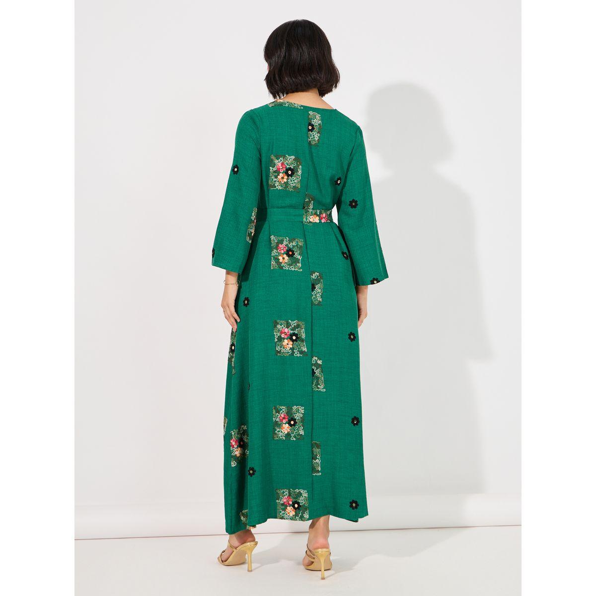 Styli Linen Look Embroidered Tassel Detail Maxi Jalabiya-women-arabicclothing-jalabiyas-image-6