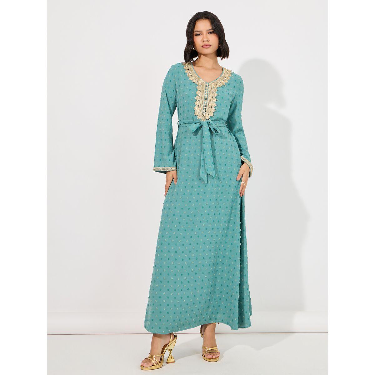 Styli Dobby Jalabiya with Neck Decor-women-arabicclothing-jalabiyas-image-1