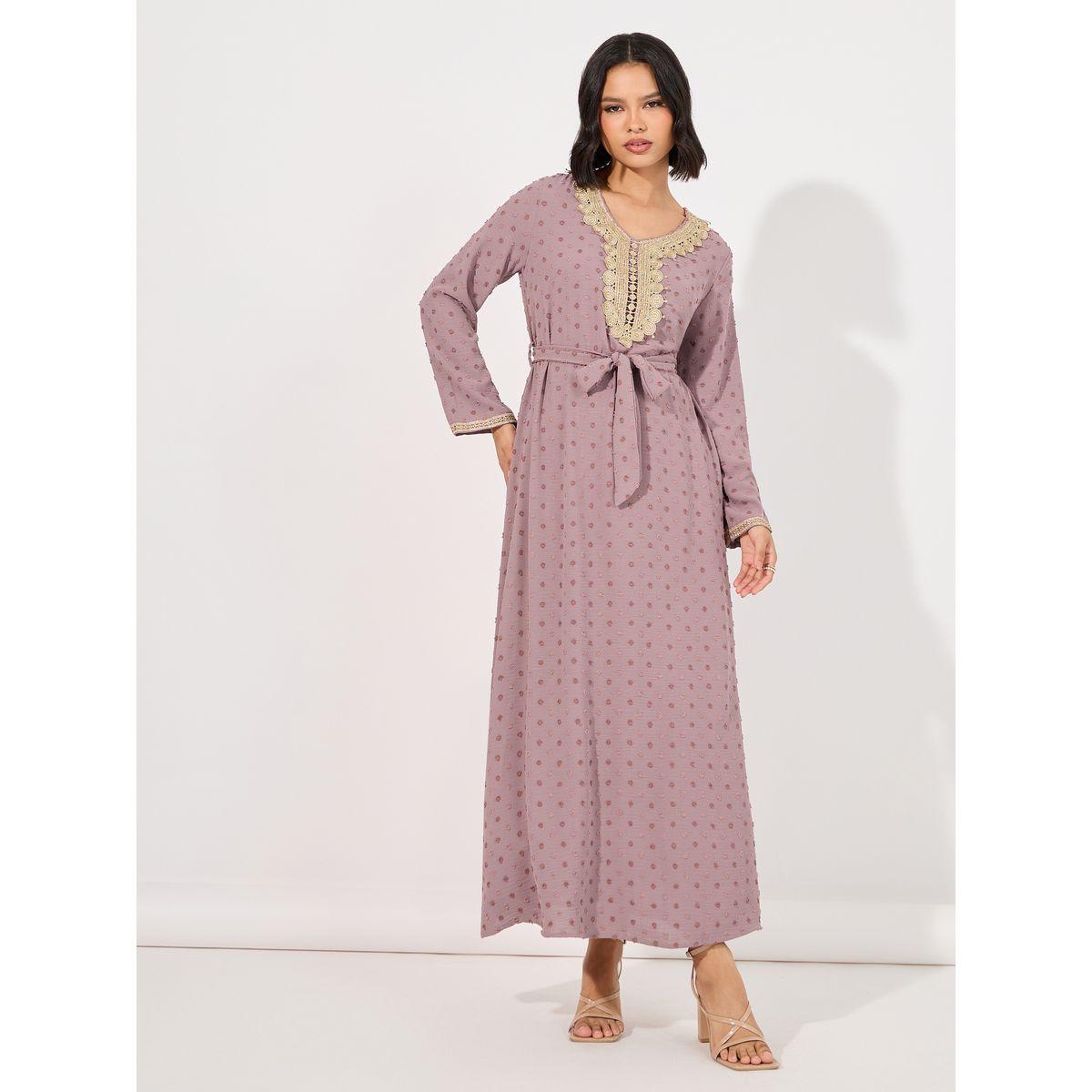Styli Dobby Jalabiya with Neck Decor-women-arabicclothing-jalabiyas-image-1