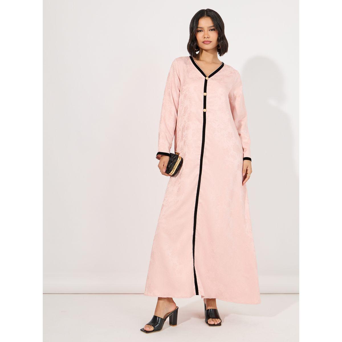 جلابية جاكار بتفاصيل مخمل وأزرار-women-arabicclothing-jalabiyas-image-1