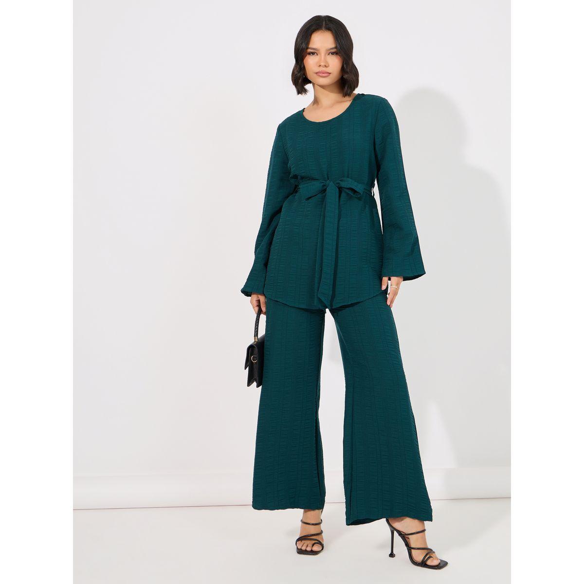 Styli Textured Longline Top & Wide Leg Pants Modest Set-women-arabicclothing-sets-image-1