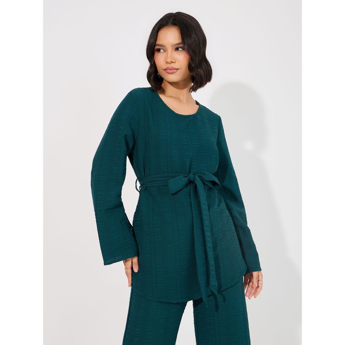 Styli Textured Longline Top & Wide Leg Pants Modest Set-women-arabicclothing-sets-image-2