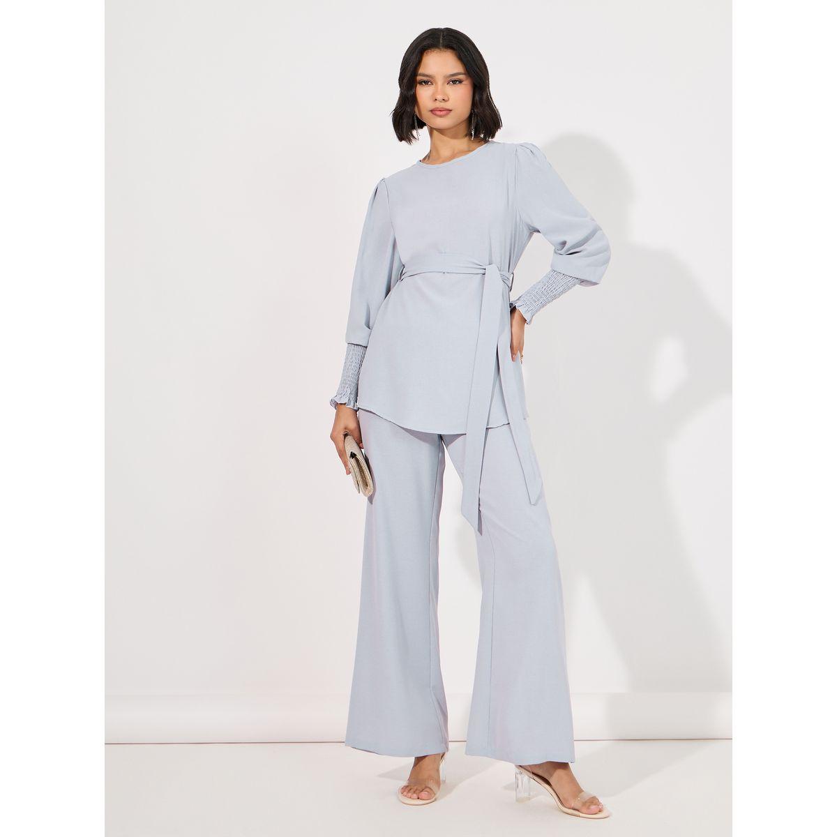 Styli Solid Cuff Sleeves Longline Top & Wide Leg Pants Modest Set-women-arabicclothing-sets-image-1