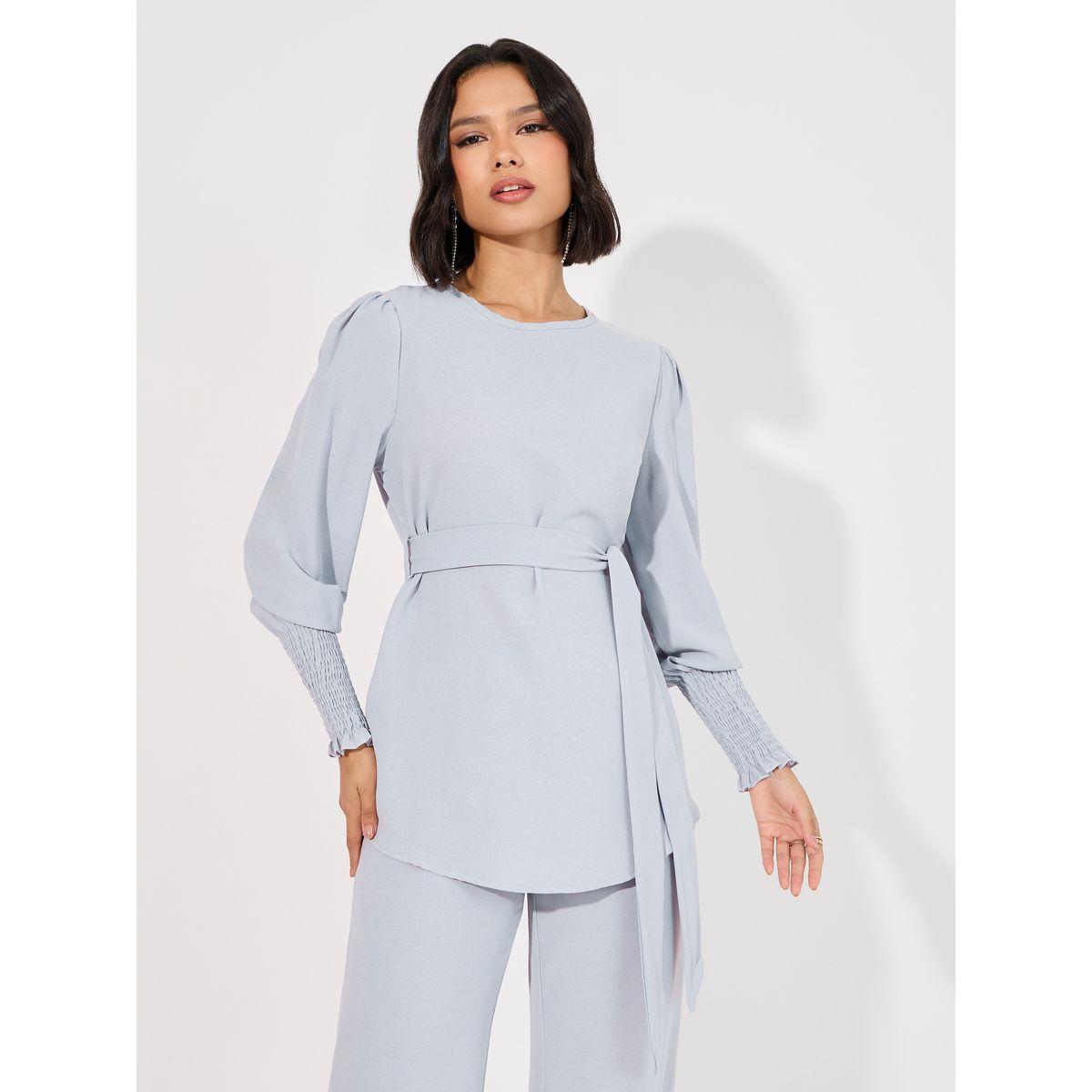 Styli Solid Cuff Sleeves Longline Top & Wide Leg Pants Modest Set-women-arabicclothing-sets-image-2