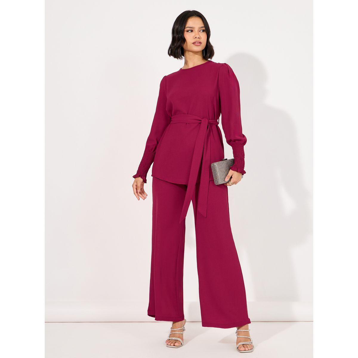 Styli Solid Cuff Sleeves Longline Top & Wide Leg Pants Modest Set-women-arabicclothing-sets-image-1