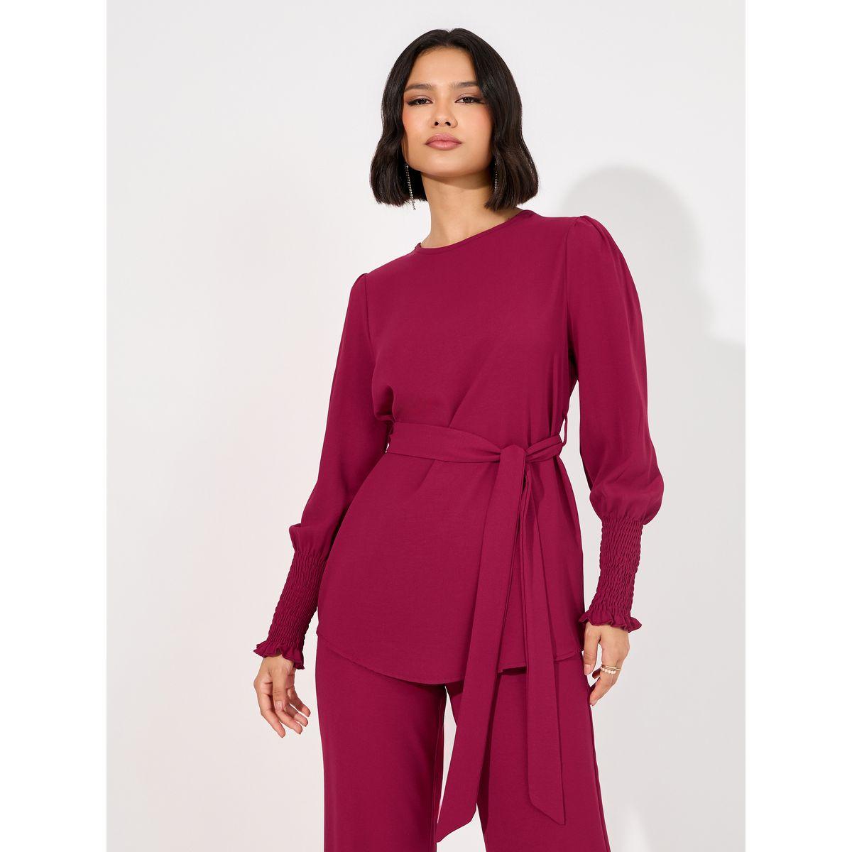 Styli Solid Cuff Sleeves Longline Top & Wide Leg Pants Modest Set-women-arabicclothing-sets-image-2