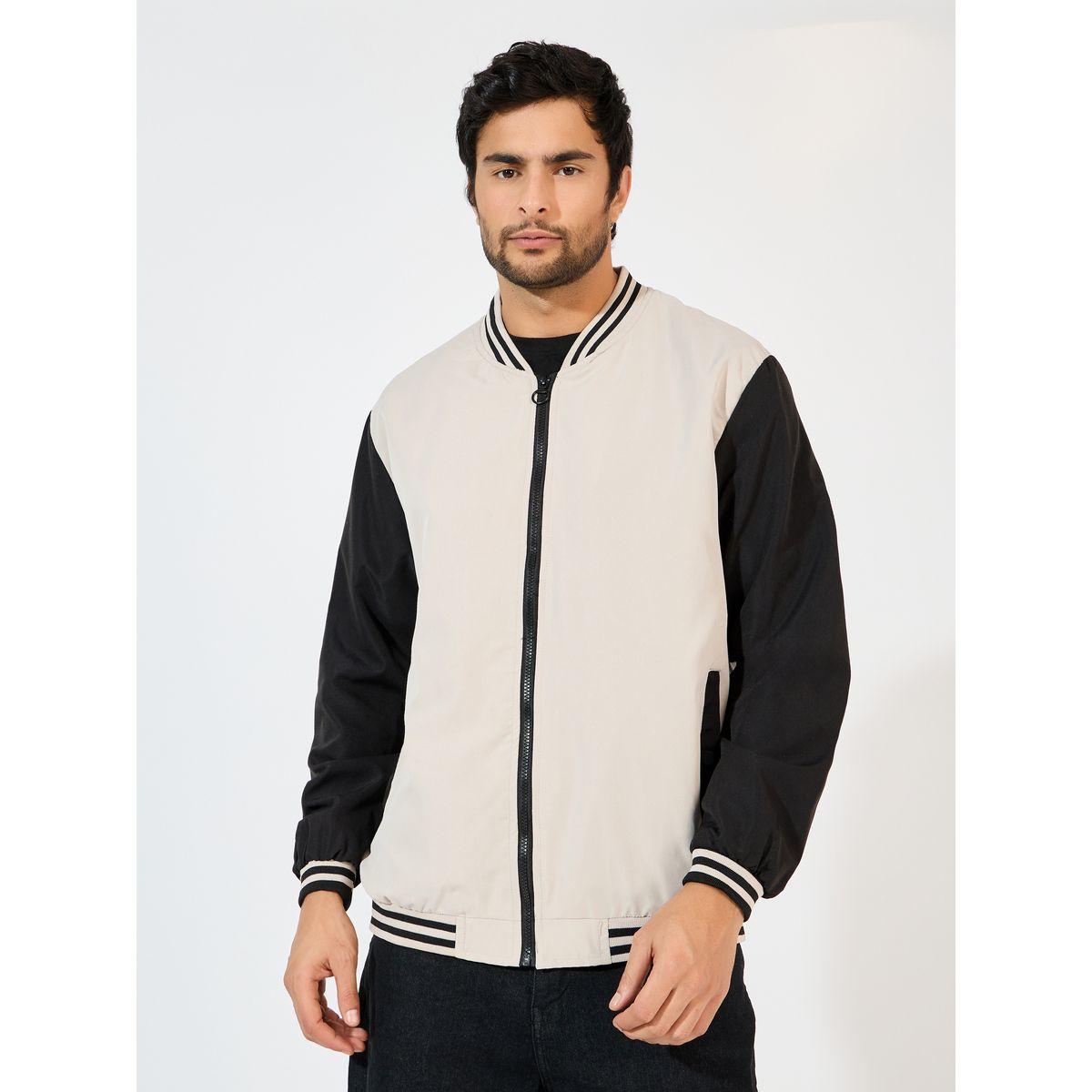 Styli Contrast Sleeve & Rib Detail Bomber Jacket with Welt Pockets-men-clothing-jacketsandblazers-jackets-image-1
