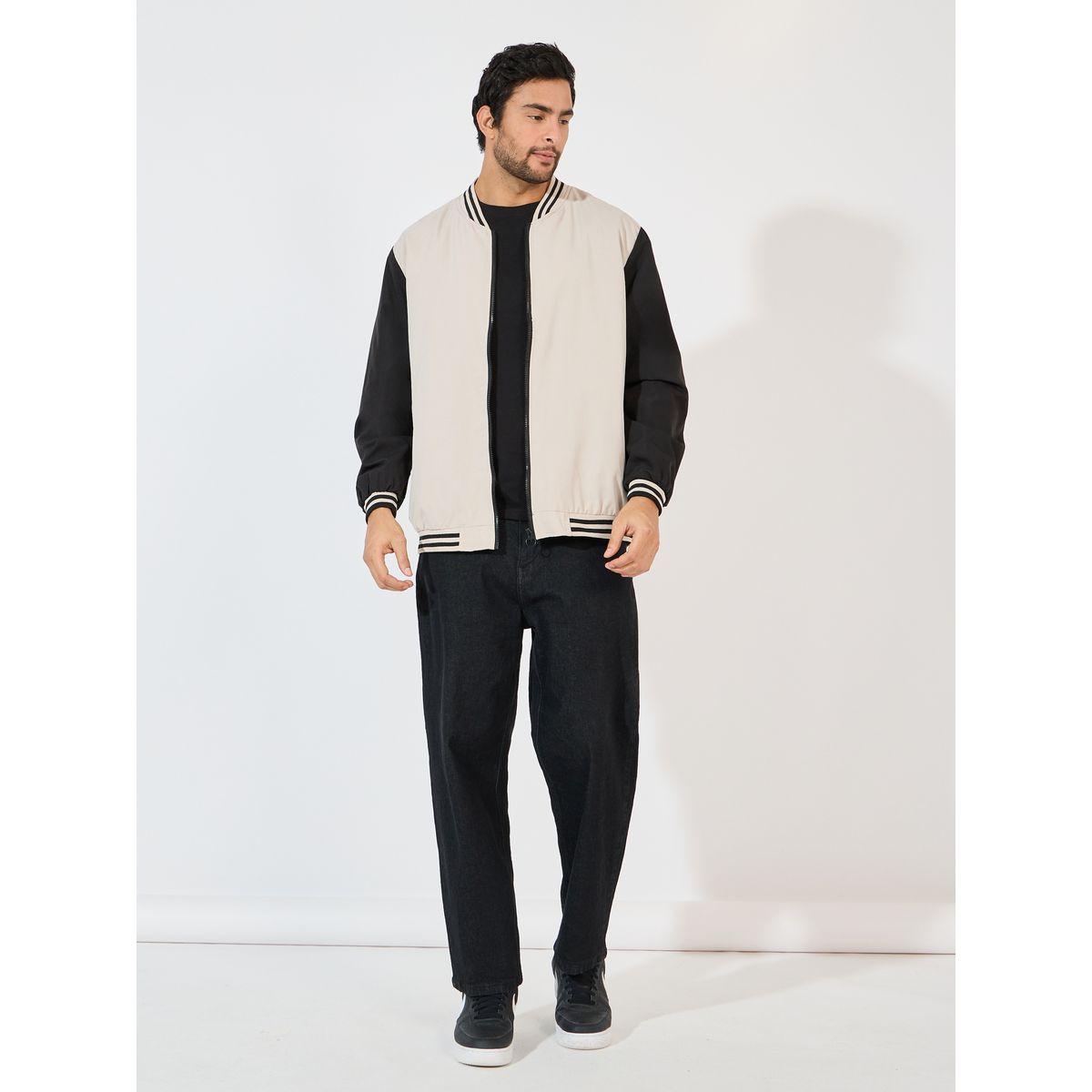Styli Contrast Sleeve & Rib Detail Bomber Jacket with Welt Pockets-men-clothing-jacketsandblazers-jackets-image-3