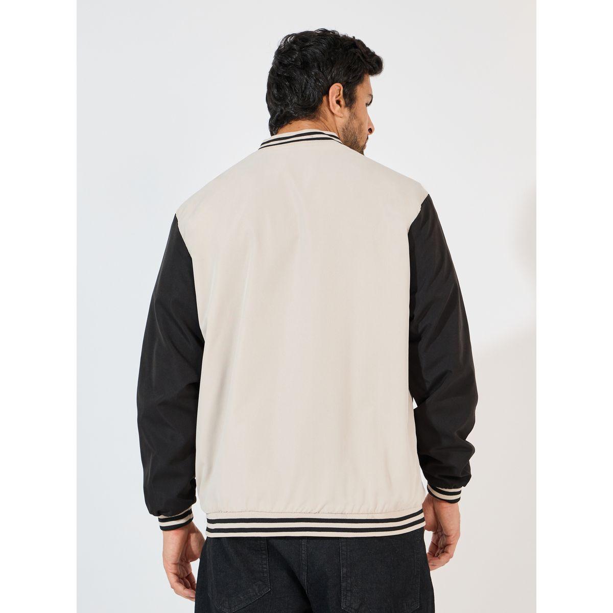 Styli Contrast Sleeve & Rib Detail Bomber Jacket with Welt Pockets-men-clothing-jacketsandblazers-jackets-image-5