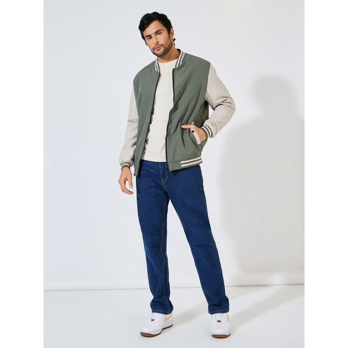 Styli Contrast Sleeve & Rib Detail Bomber Jacket with Welt Pockets-men-clothing-jacketsandblazers-jackets-image-3