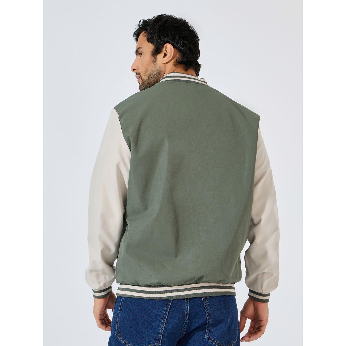 Styli Contrast Sleeve & Rib Detail Bomber Jacket with Welt Pockets-men-clothing-jacketsandblazers-jackets-image-6