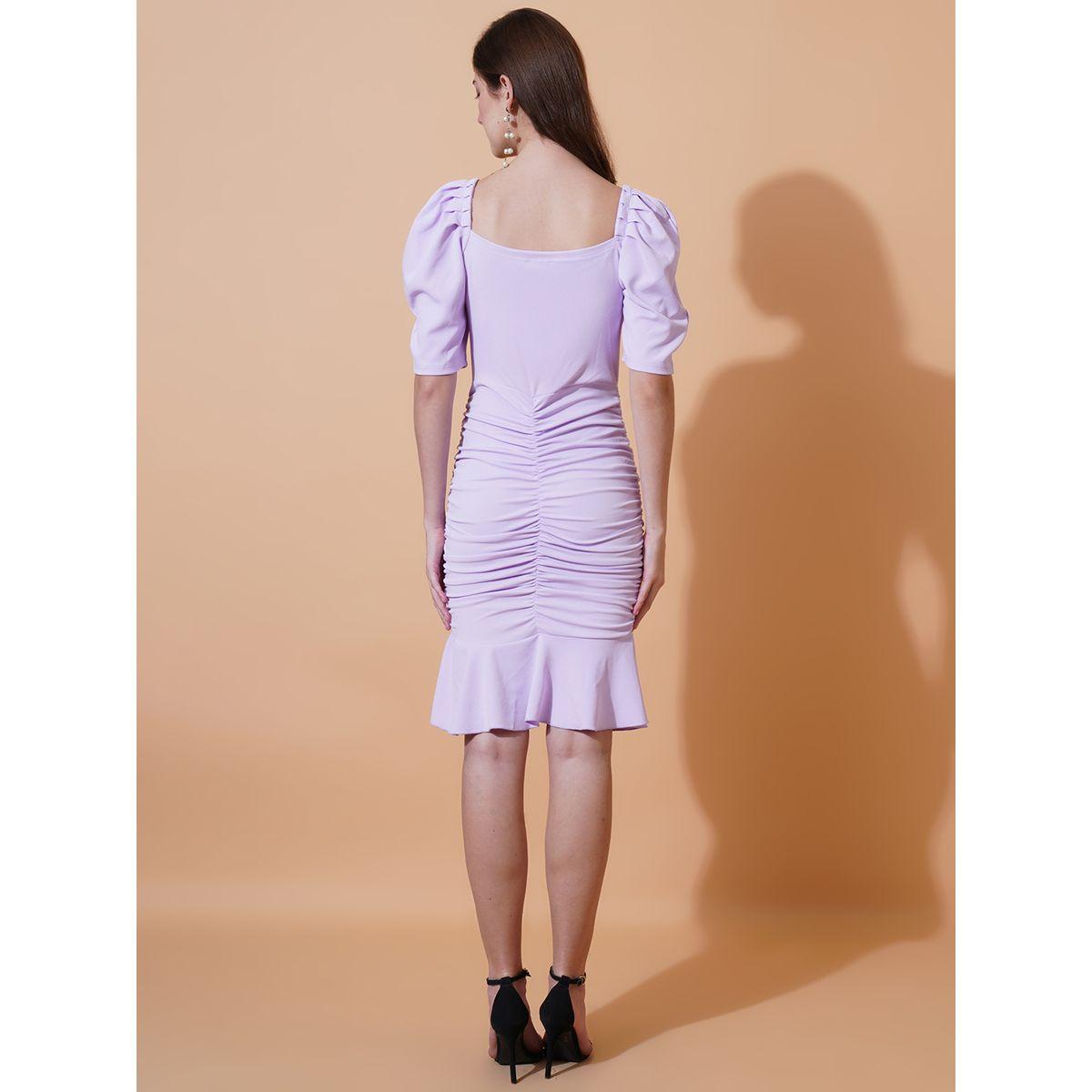 فستان بطول الركبة مع اكمام منفوخة وتفاصيل مزمومة يو آند إف × ستايلي-women-clothing-dresses-image-3
