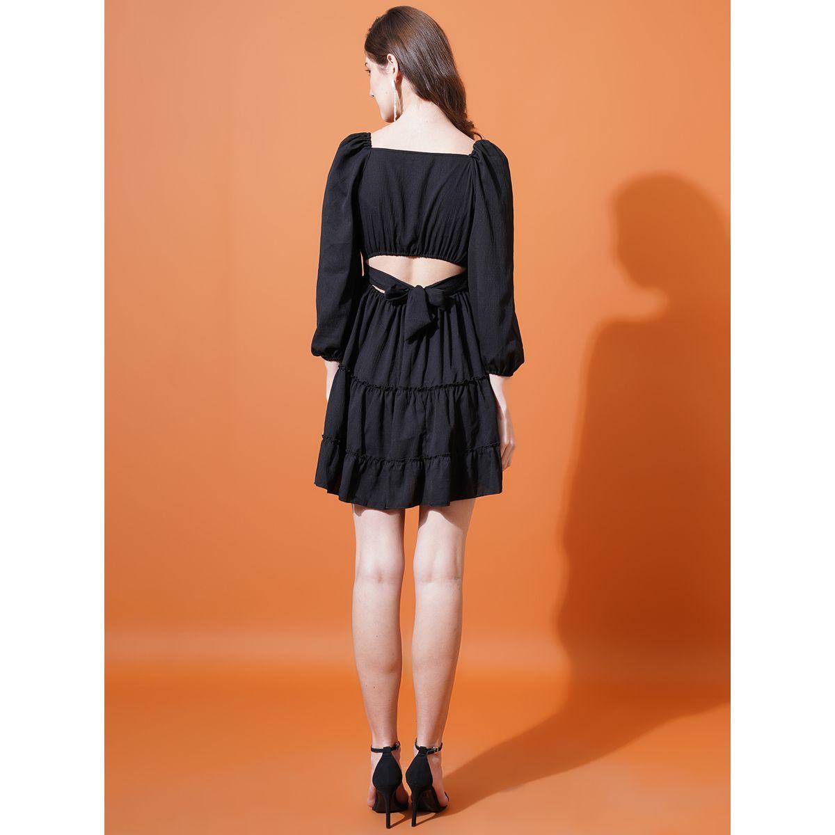 فستان سادة بياقة على شكل قلب واكمام منفوخة يو آند إف × ستايلي-women-clothing-dresses-image-2