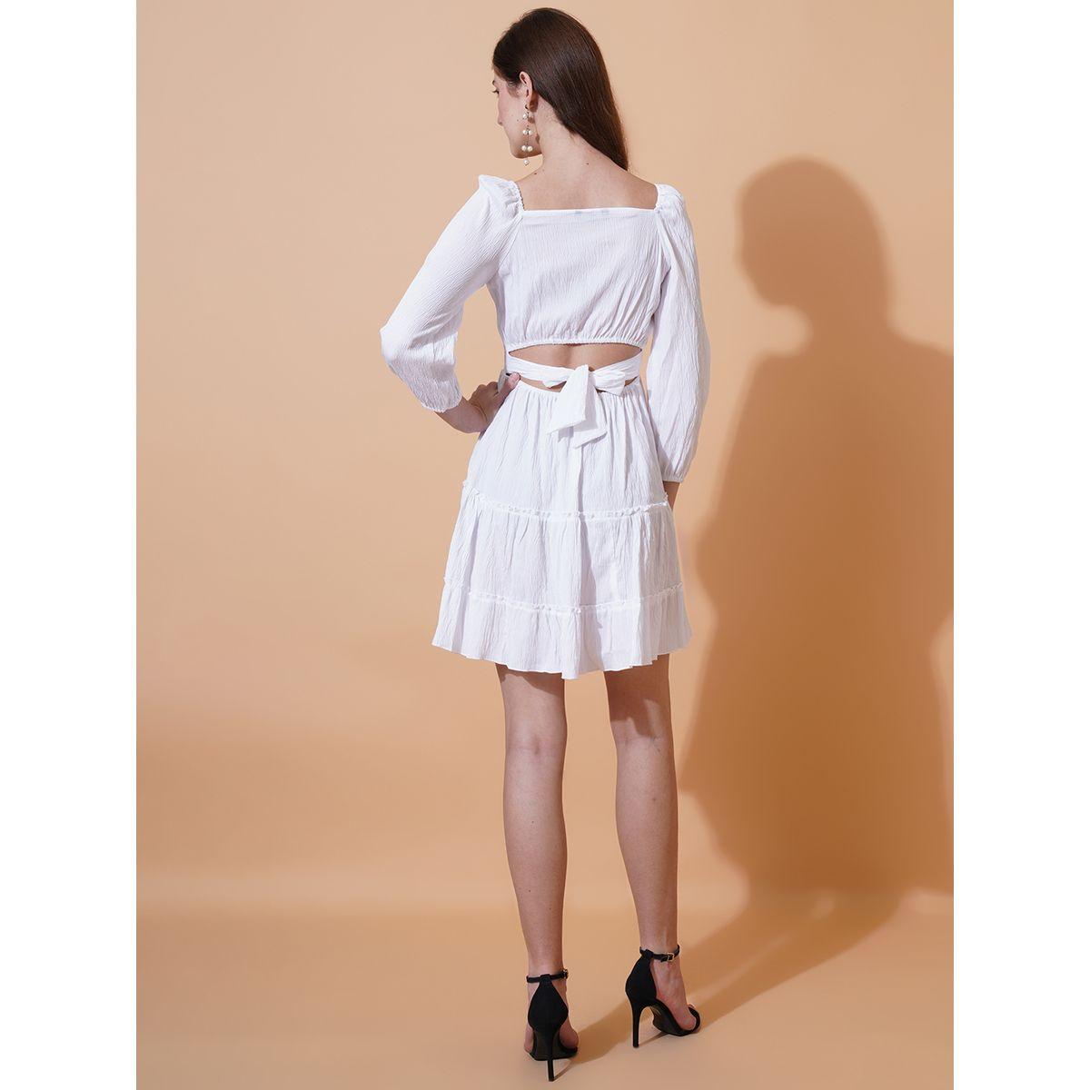 فستان قصير سادة بياقة على شكل قلب واكمام منفوخة يو آند إف × ستايلي-women-clothing-dresses-image-2