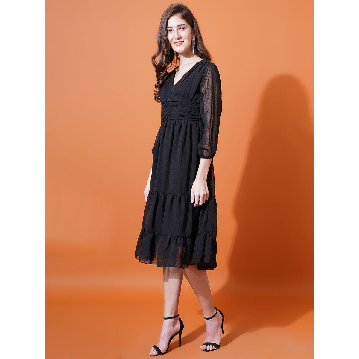 فستان ميدي بخيوط دوبي مع كسرات يو آند إف × ستايلي-women-clothing-dresses-image-1