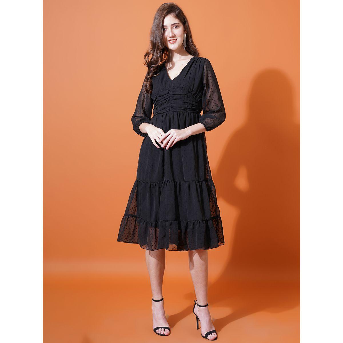 U&F X Styli  Dobby V Neck Tiered Midi Dress-women-clothing-dresses-image-2
