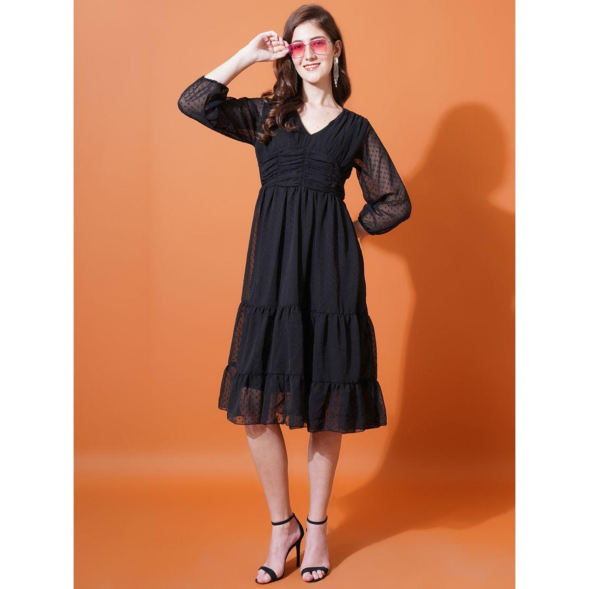 U&F X Styli  Dobby V Neck Tiered Midi Dress-women-clothing-dresses-image-4
