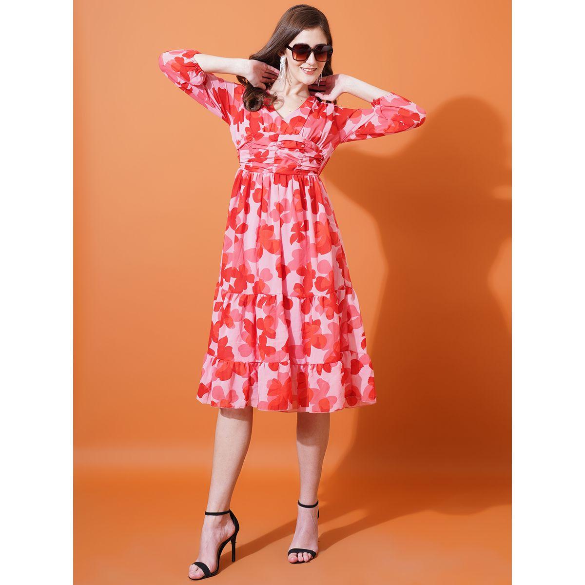 فستان ميدي مطبع بزهور مع كسرات يو آند إف × ستايلي-women-clothing-dresses-image-4