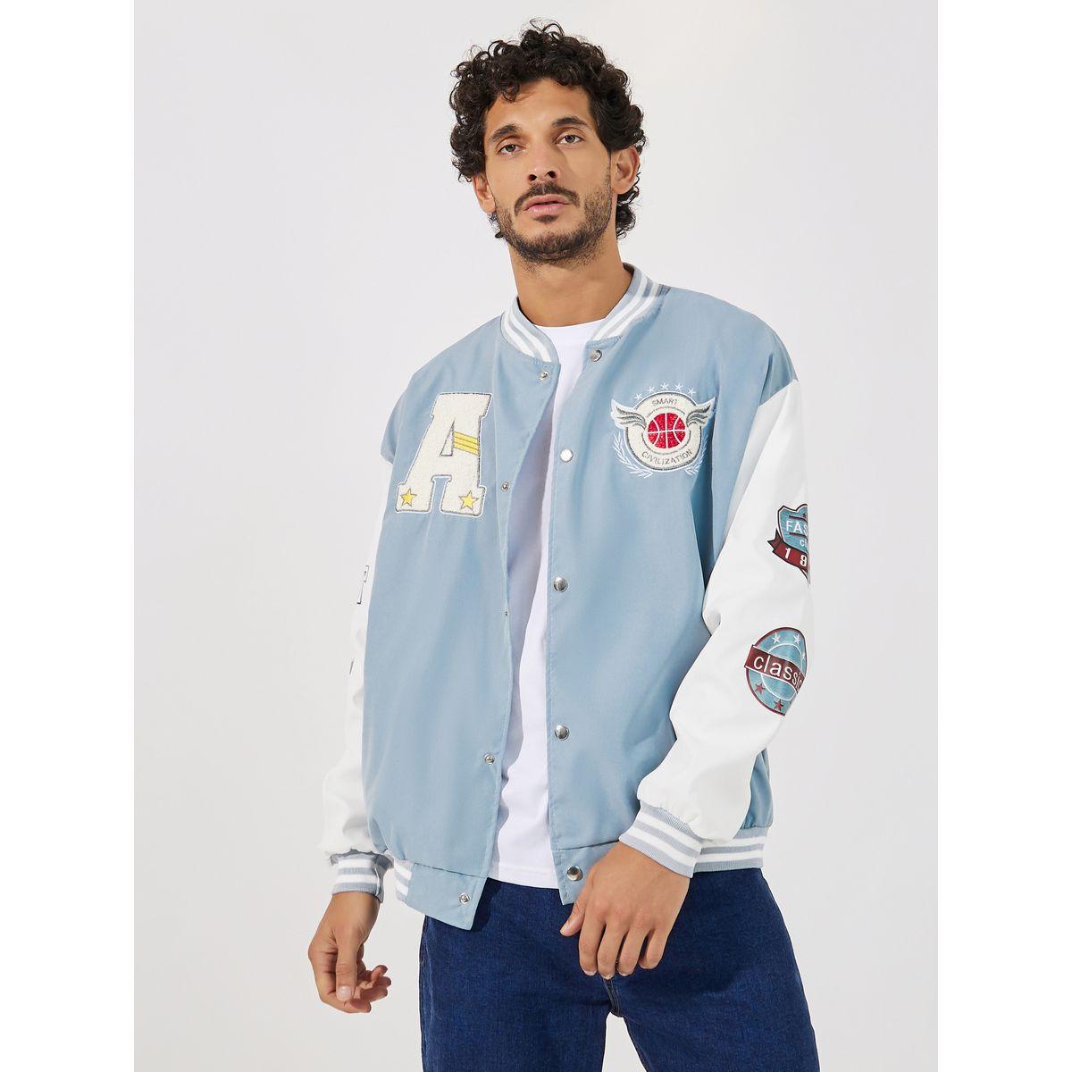 Styli Badge Detail Varsity Bomber Jacket with Rib Detail-men-clothing-jacketsandblazers-jackets-image-1
