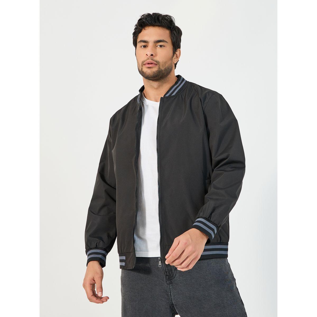 Styli Contrast Rib Detail Bomber Jacket with Welt Pockets-men-clothing-jacketsandblazers-jackets-image-1