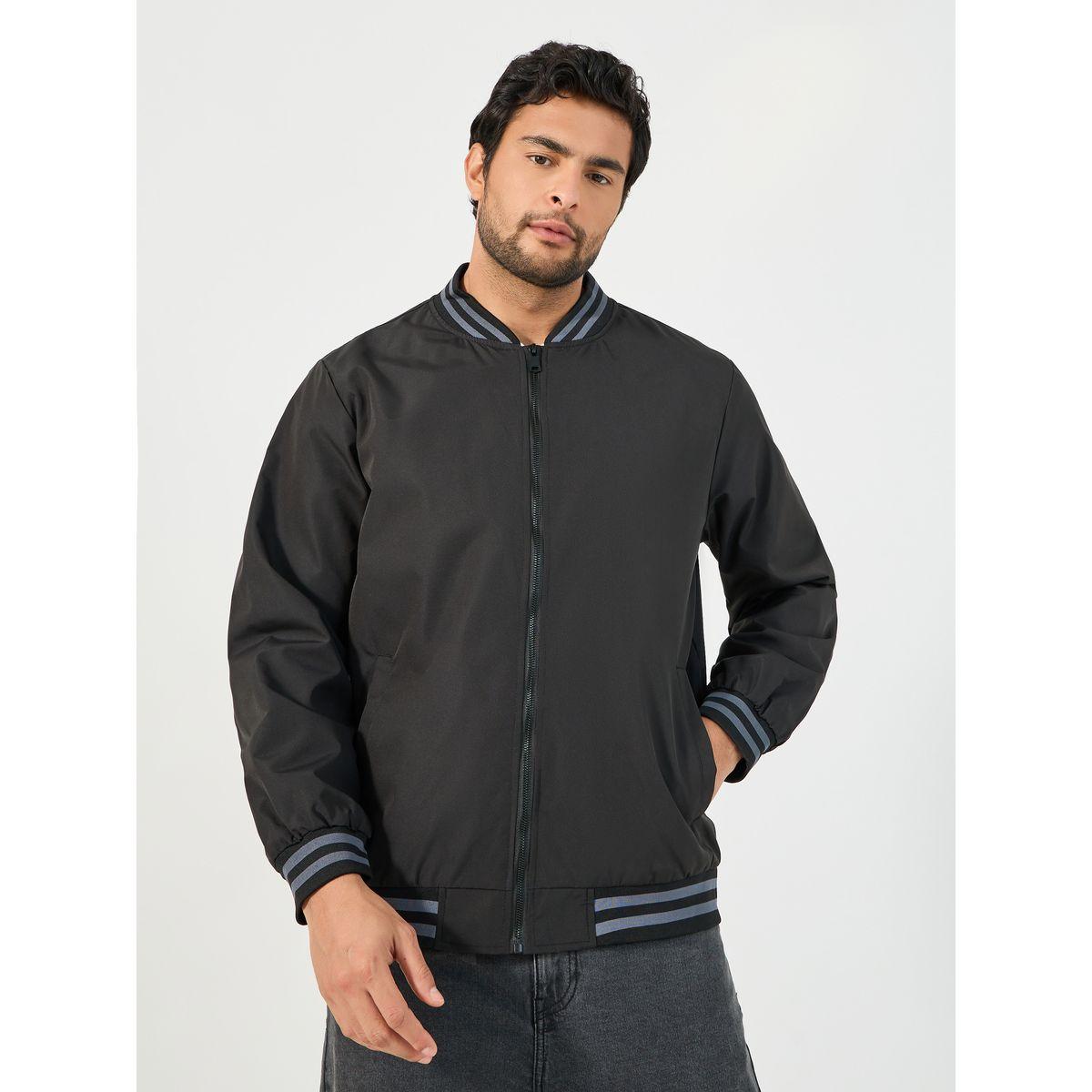 Styli Contrast Rib Detail Bomber Jacket with Welt Pockets-men-clothing-jacketsandblazers-jackets-image-3