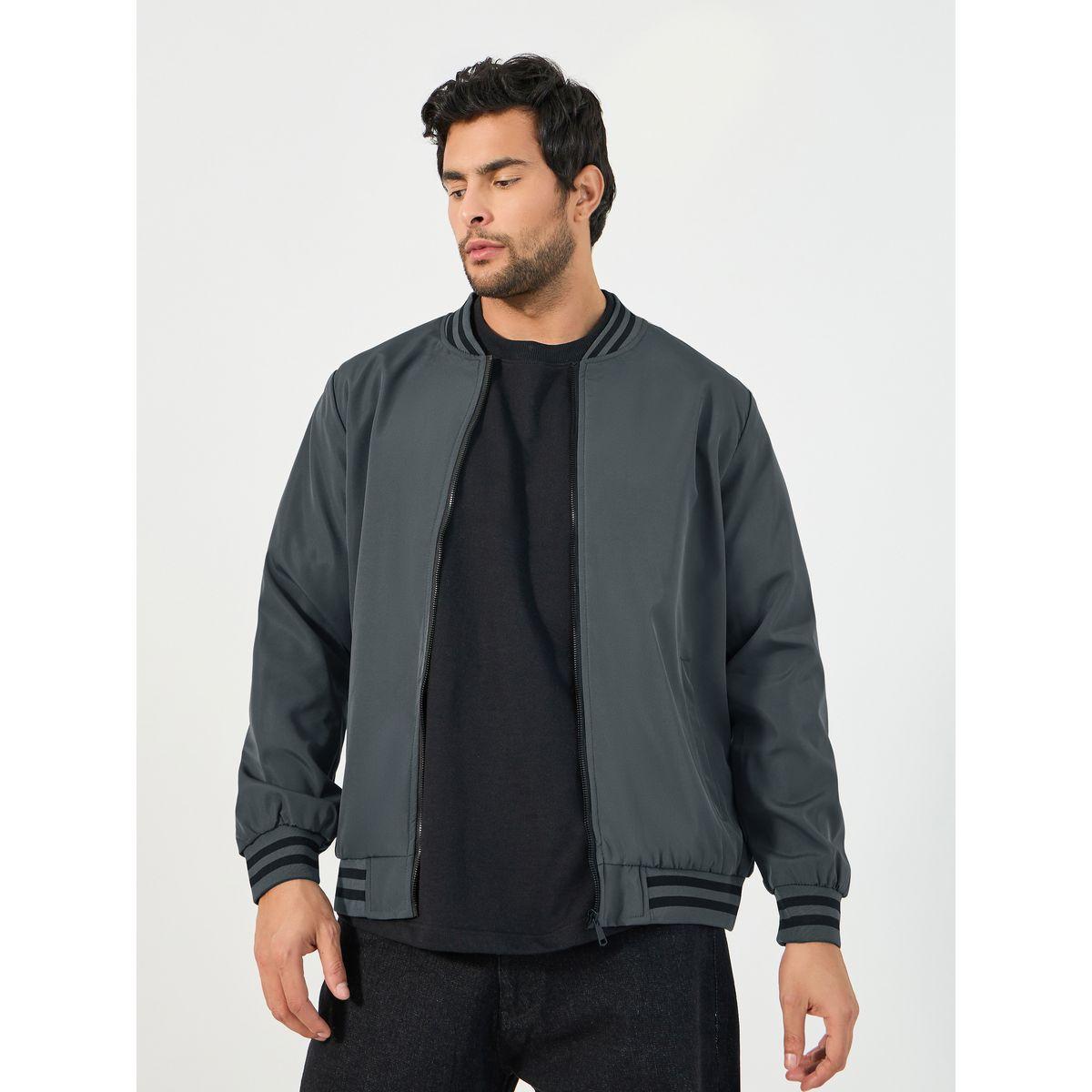 Styli Contrast Rib Detail Bomber Jacket with Welt Pockets-men-clothing-jacketsandblazers-jackets-image-3