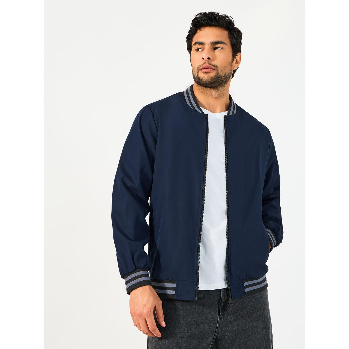 Styli Contrast Rib Detail Bomber Jacket with Welt Pockets-men-clothing-jacketsandblazers-jackets-image-1