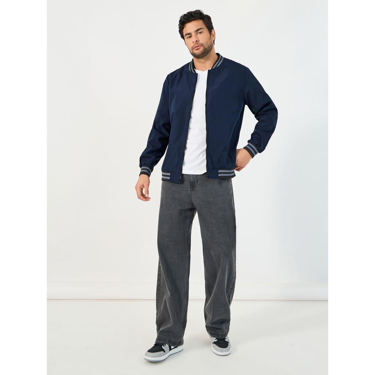 Styli Contrast Rib Detail Bomber Jacket with Welt Pockets-men-clothing-jacketsandblazers-jackets-image-2