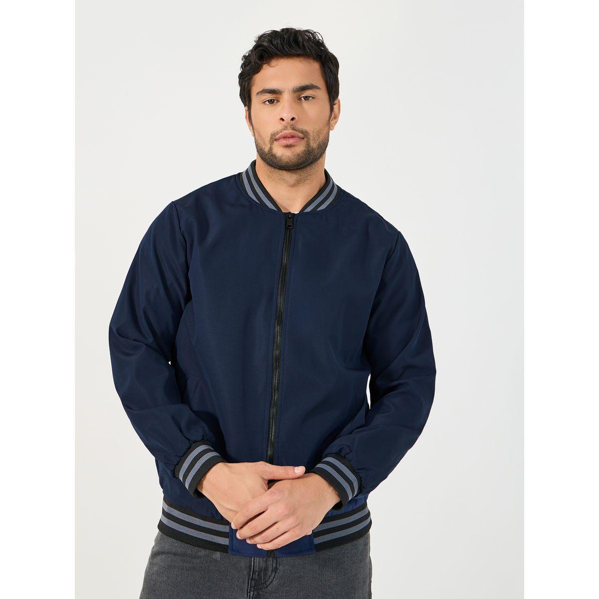Styli Contrast Rib Detail Bomber Jacket with Welt Pockets-men-clothing-jacketsandblazers-jackets-image-3