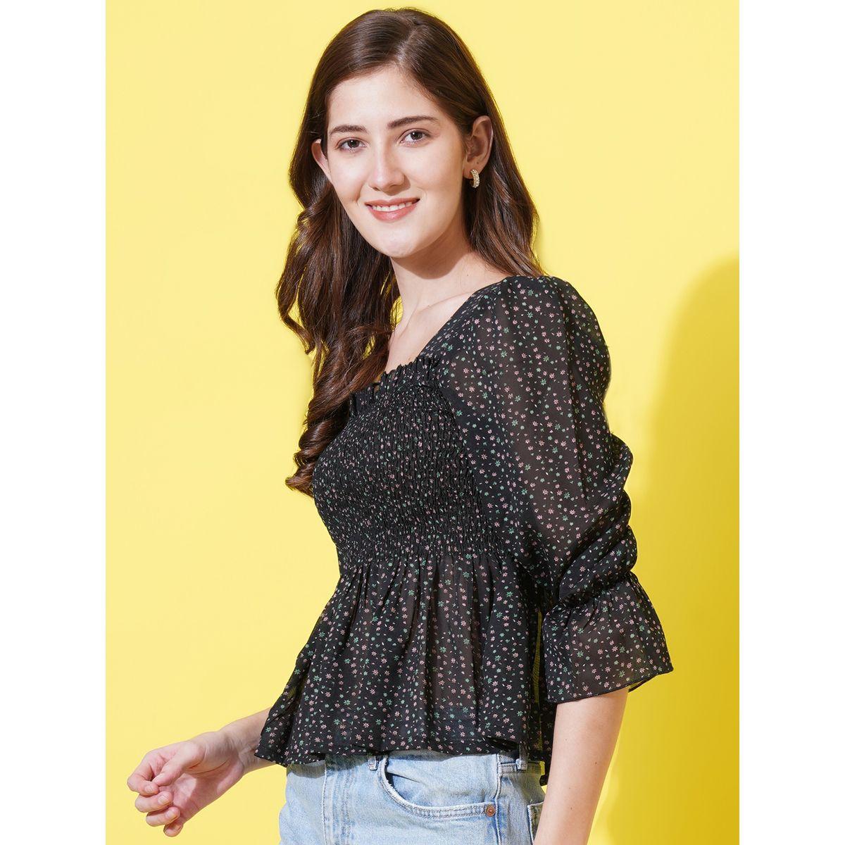 بلوزة بيبلوم جيورجيت مطبعة بزهور مع اكمام مكبلة يو آند إف × ستايلي-women-clothing-shirtsandblouses-blouses-image-4