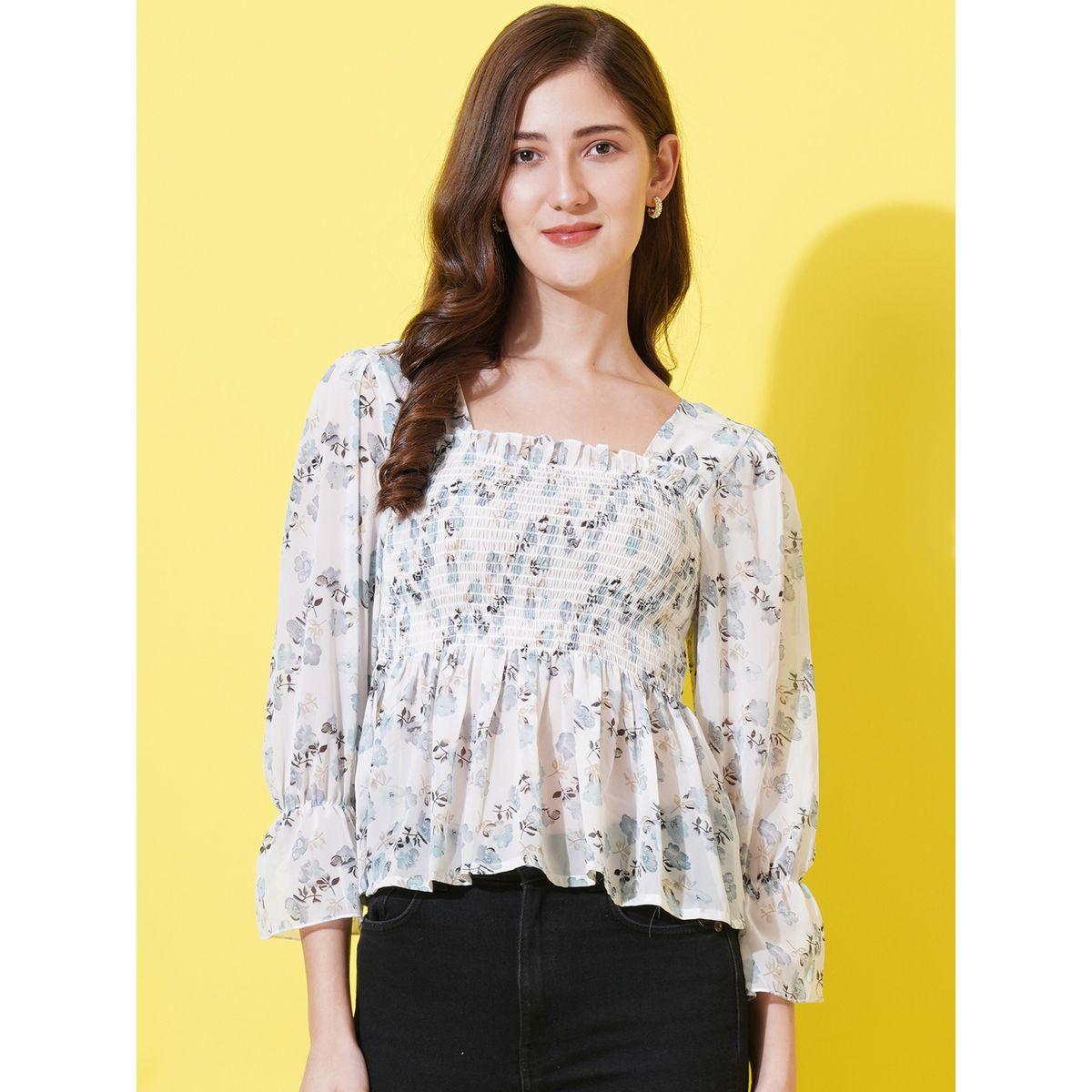 بلوزة بيبلوم جيورجيت مطبعة بزهور مع اكمام مكبلة يو آند إف × ستايلي-women-clothing-shirtsandblouses-blouses-image-1
