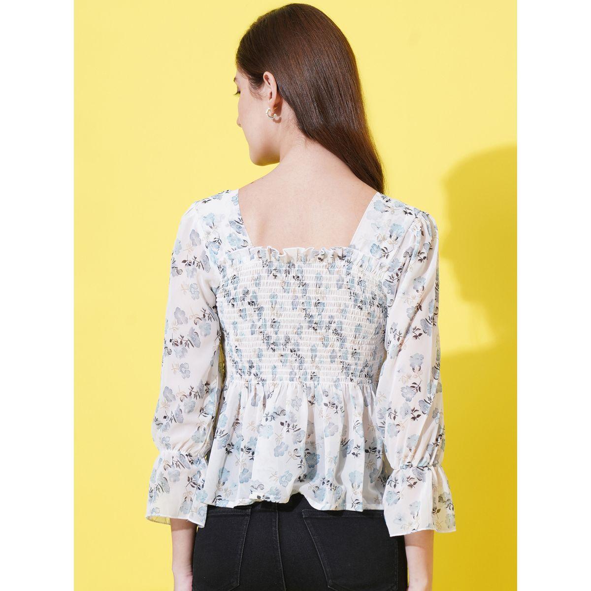 بلوزة بيبلوم جيورجيت مطبعة بزهور مع اكمام مكبلة يو آند إف × ستايلي-women-clothing-shirtsandblouses-blouses-image-3