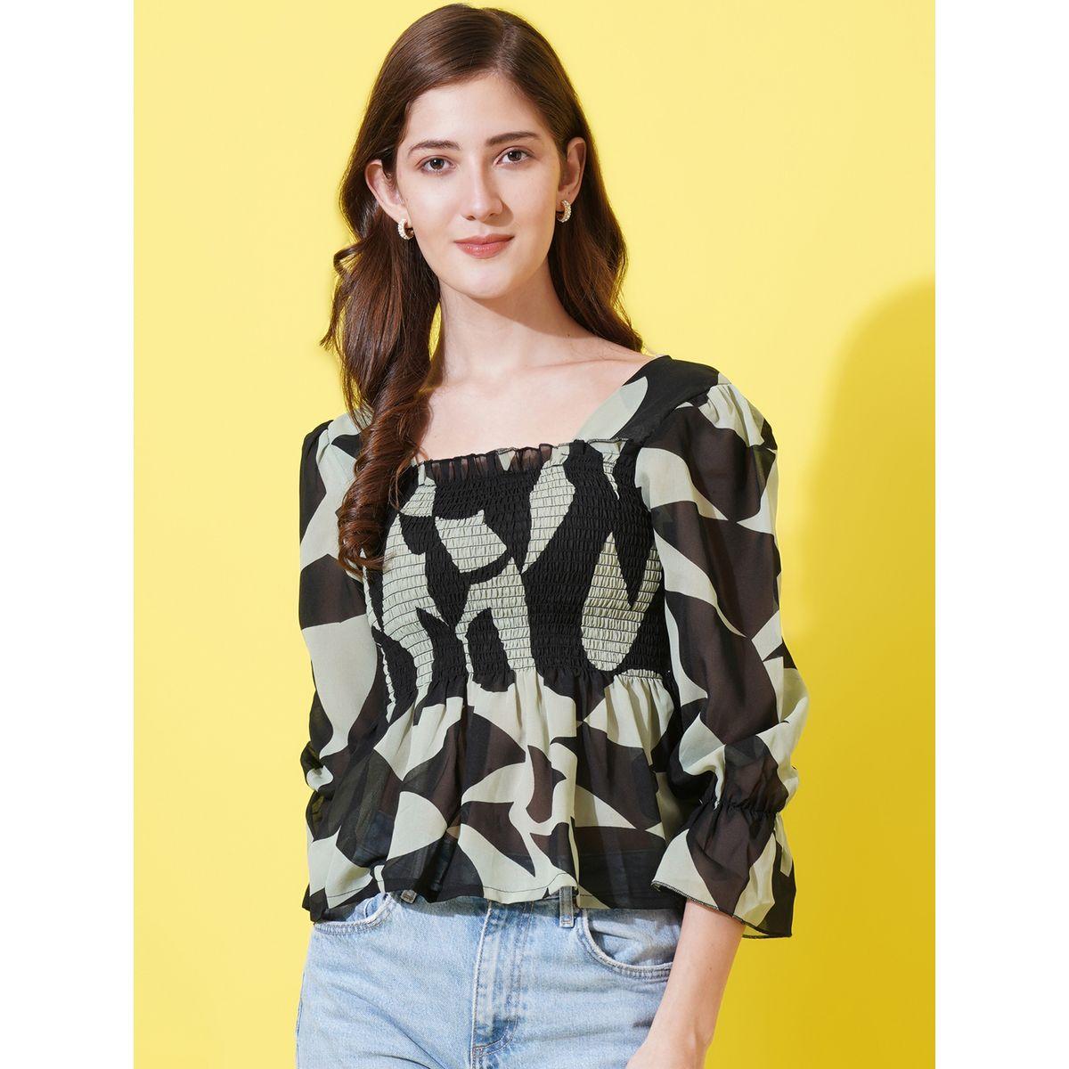 بلوزة بيبلوم بطبعة مجردة مع اكمام بنمط مكبل يو آند إف × ستايلي-women-clothing-shirtsandblouses-blouses-image-1