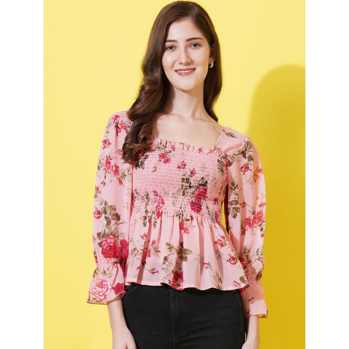بلوزة جيورجيت بيبلوم مطبعة بزهور مع اكمام مكبلة يو آند إف × ستايلي-women-clothing-shirtsandblouses-blouses-image-1