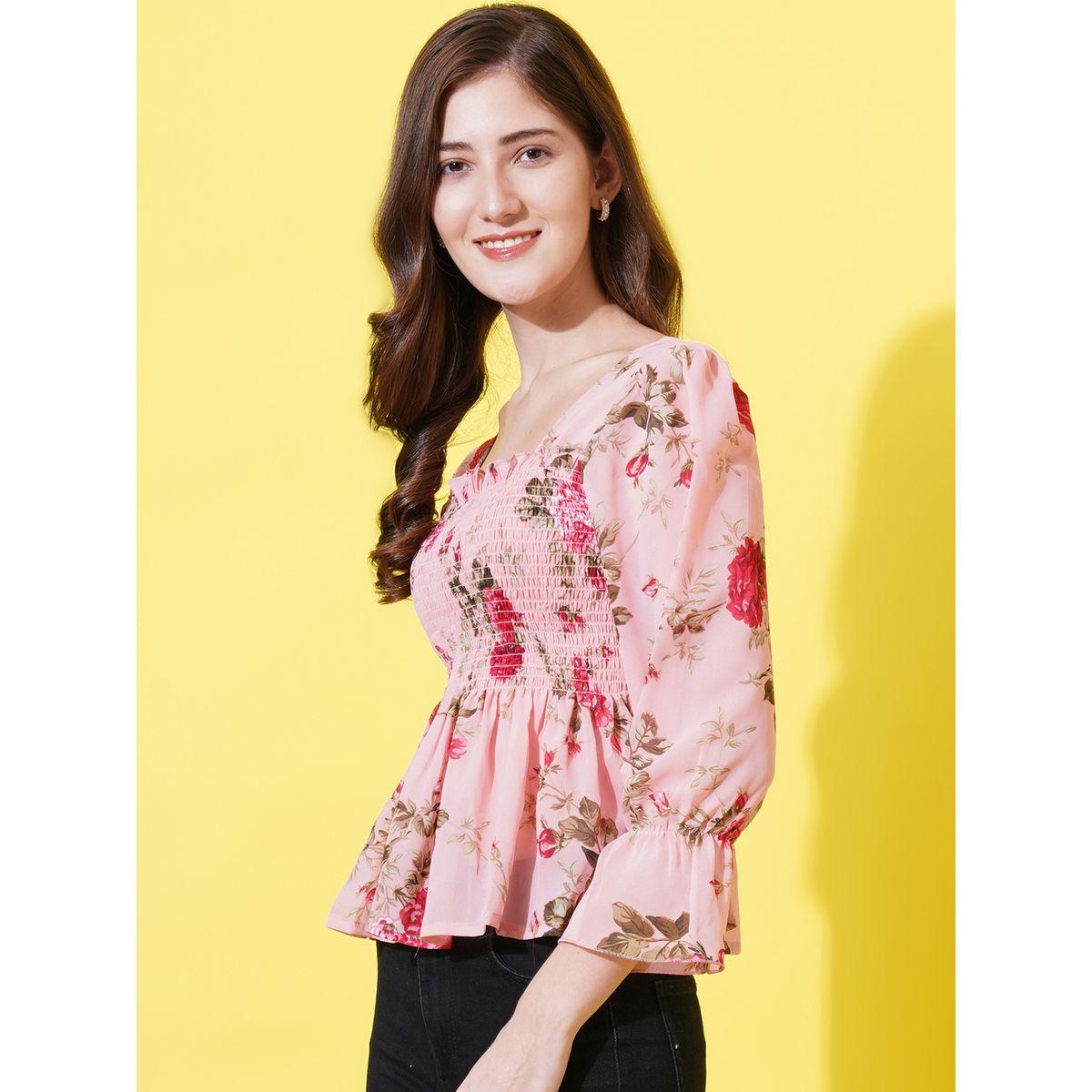 بلوزة جيورجيت بيبلوم مطبعة بزهور مع اكمام مكبلة يو آند إف × ستايلي-women-clothing-shirtsandblouses-blouses-image-2
