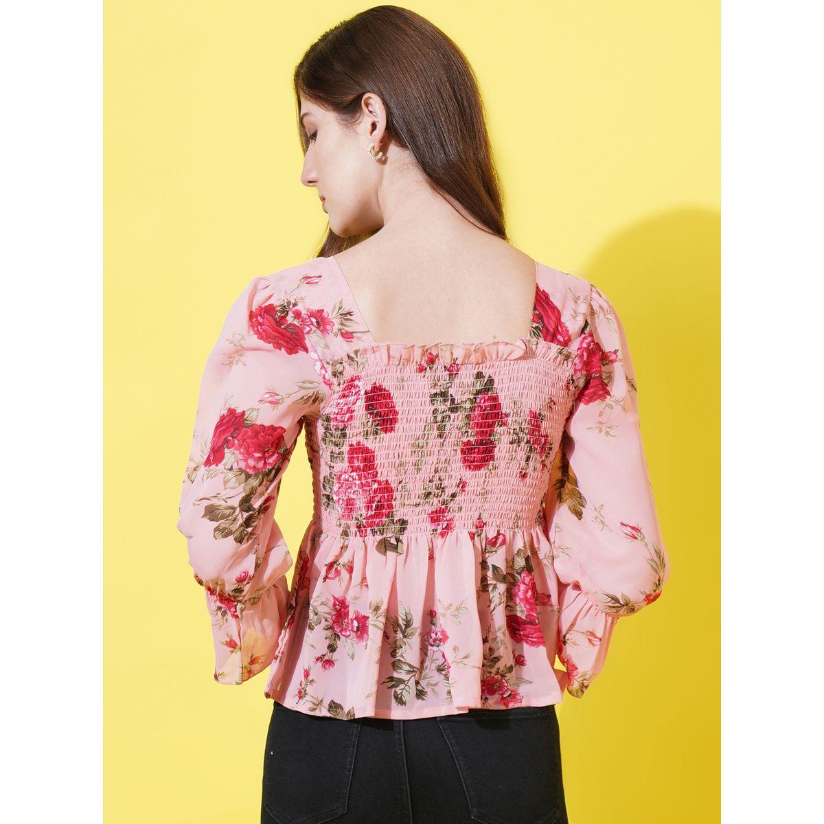بلوزة جيورجيت بيبلوم مطبعة بزهور مع اكمام مكبلة يو آند إف × ستايلي-women-clothing-shirtsandblouses-blouses-image-3