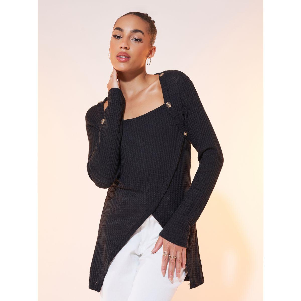 Styli Knitted Button Detail Wrap Hem Long Sleeve Top-women-clothing-shirtsandblouses-blouses-image-1