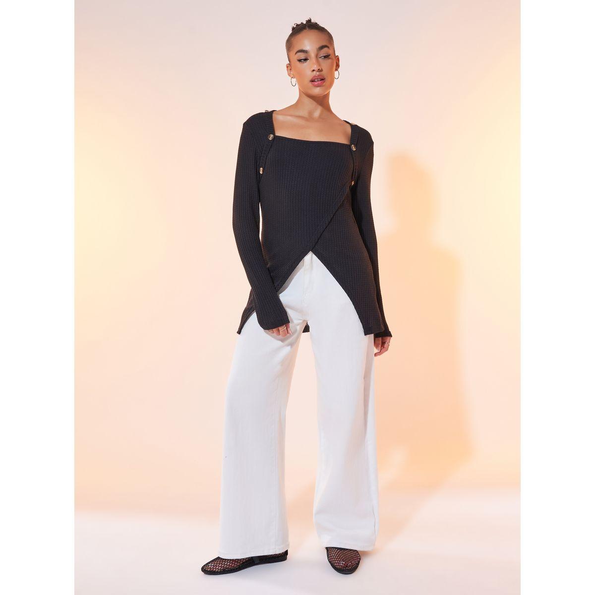 Styli Knitted Button Detail Wrap Hem Long Sleeve Top-women-clothing-shirtsandblouses-blouses-image-2
