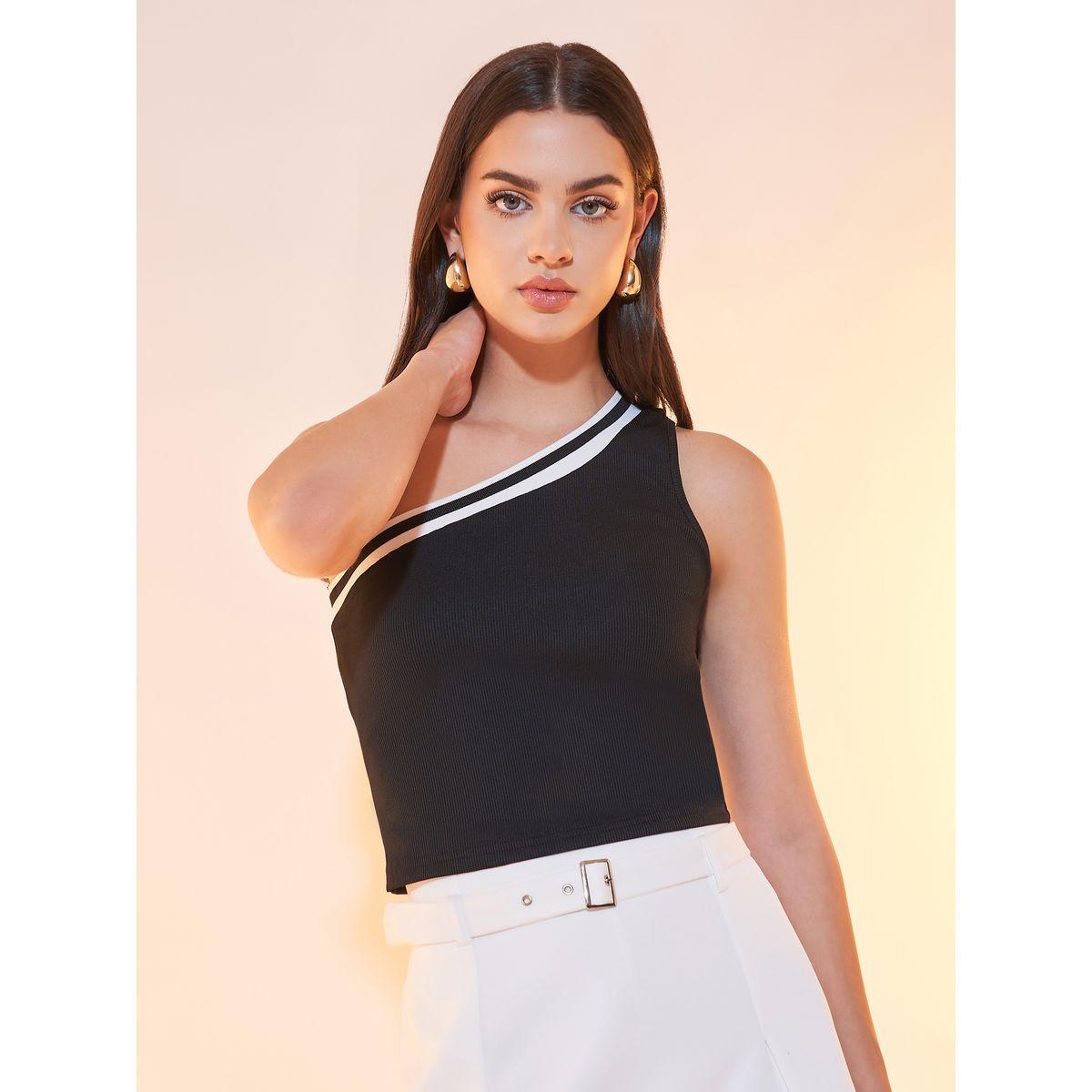 Styli One Shoulder Sleeve Contrast Detail Top-women-clothing-shirtsandblouses-blouses-image-1