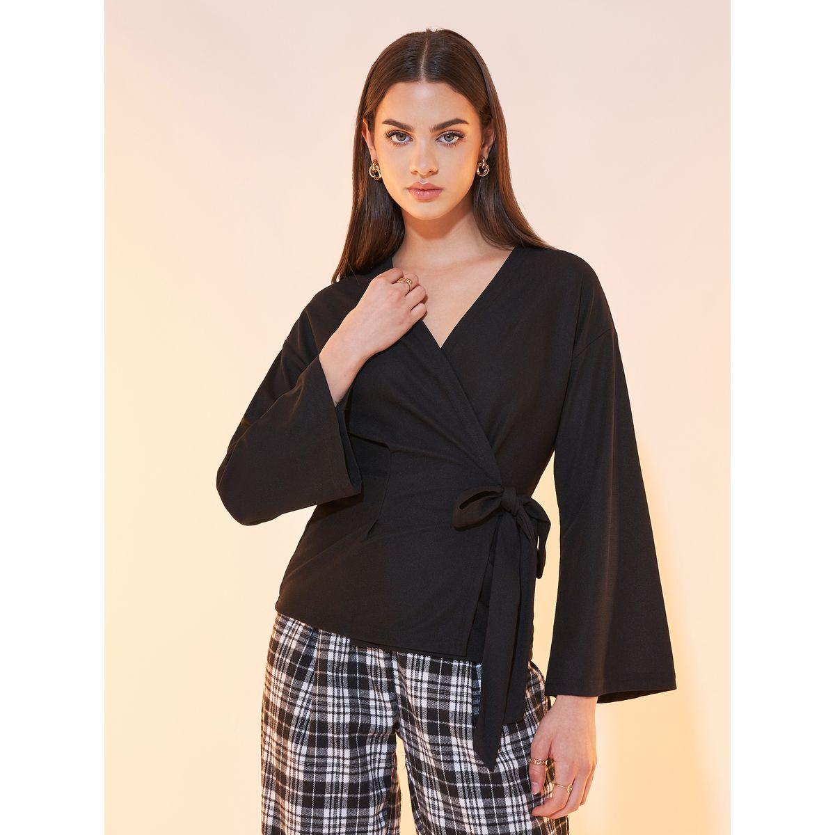 Styli Plain Flared Sleeves Wrap Top-women-clothing-shirtsandblouses-blouses-image-1