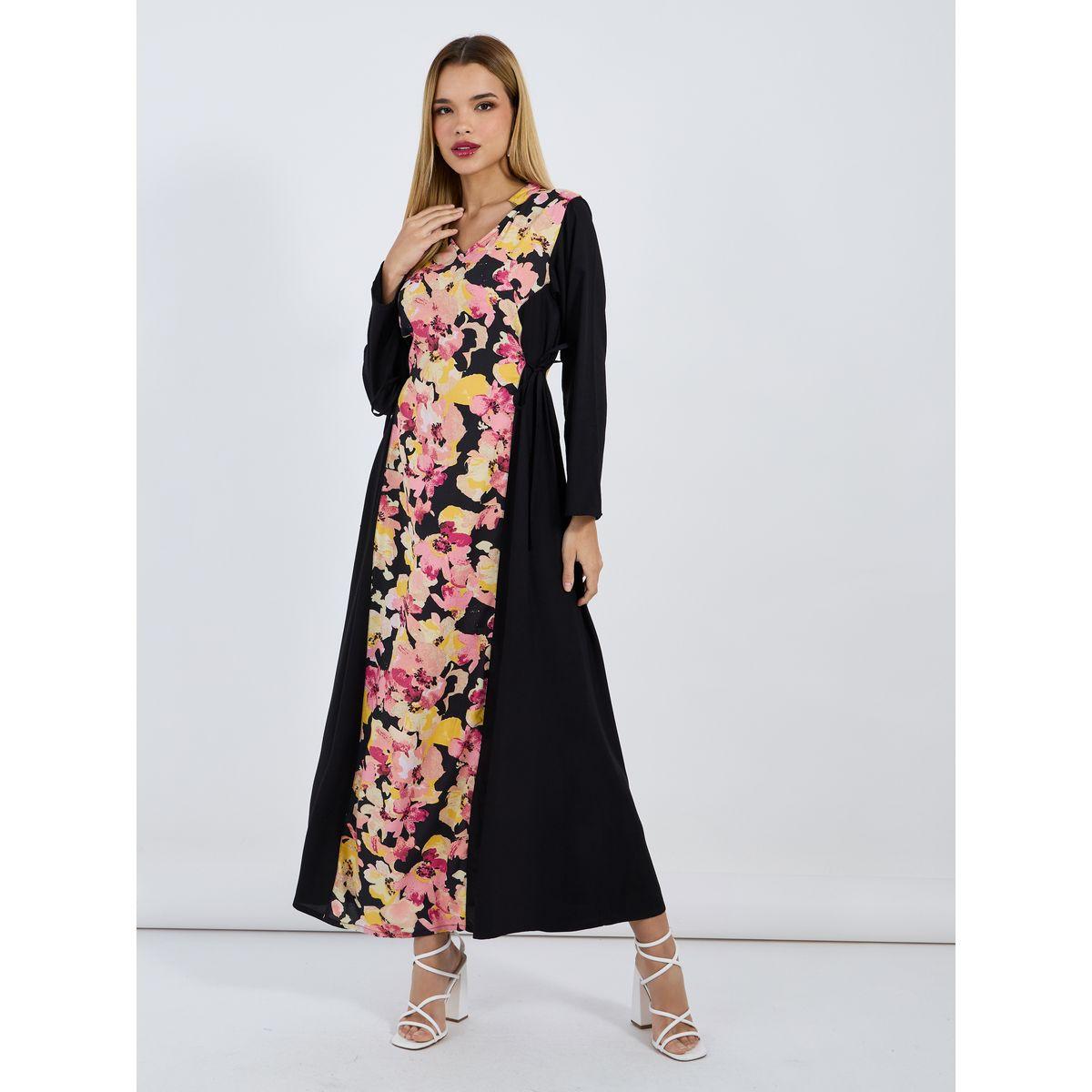جلابية طويلة مطبعة بزهور مع أربطة جانبية-women-arabicclothing-jalabiyas-image-1