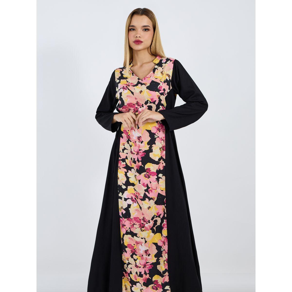 جلابية طويلة مطبعة بزهور مع أربطة جانبية-women-arabicclothing-jalabiyas-image-2