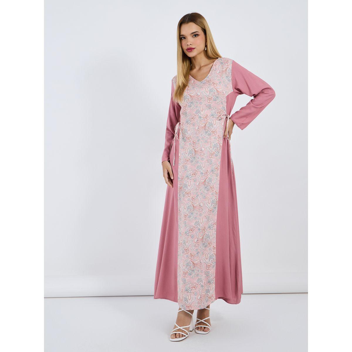 Styli Printed V Neck Jalabiya with Side Tie-Up Detail-women-arabicclothing-jalabiyas-image-1