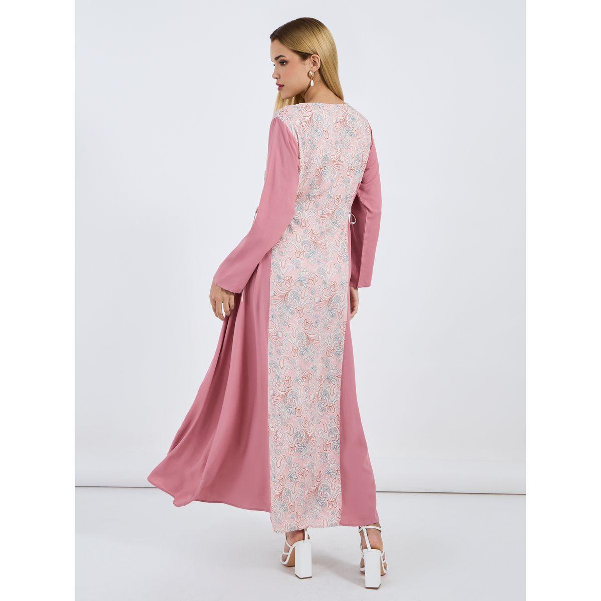Styli Printed V Neck Jalabiya with Side Tie-Up Detail-women-arabicclothing-jalabiyas-image-4