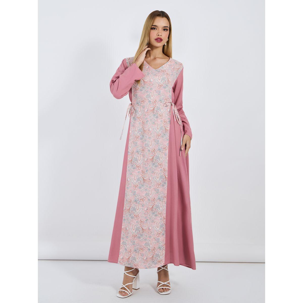 Styli Printed V Neck Jalabiya with Side Tie-Up Detail-women-arabicclothing-jalabiyas-image-5